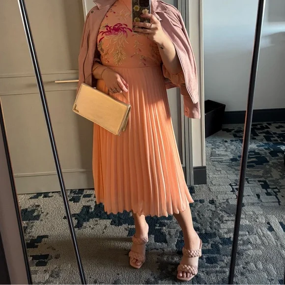 Peach Pleated Midi Dress with Floral Embroidery - Picture 1 of 1